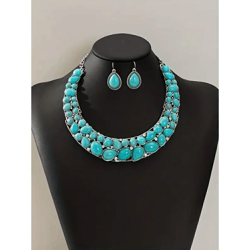 Western Boho Silver Diamond Turquoise Necklace and Earring Set